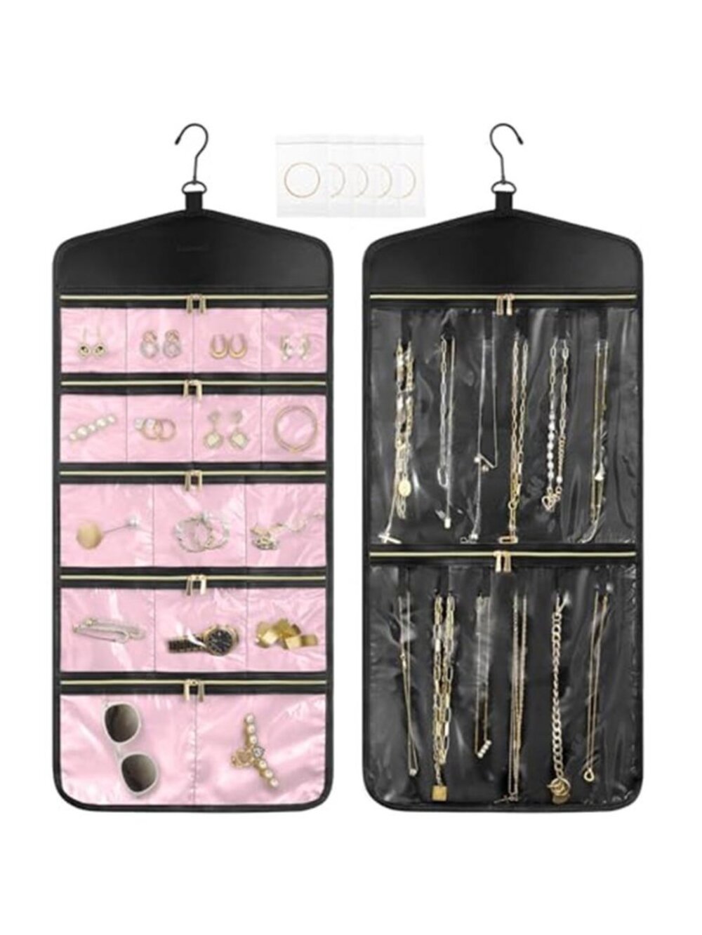 Hanging Jewelry Organizer Travel Holder Earring Necklace Storage Zippered Pink
